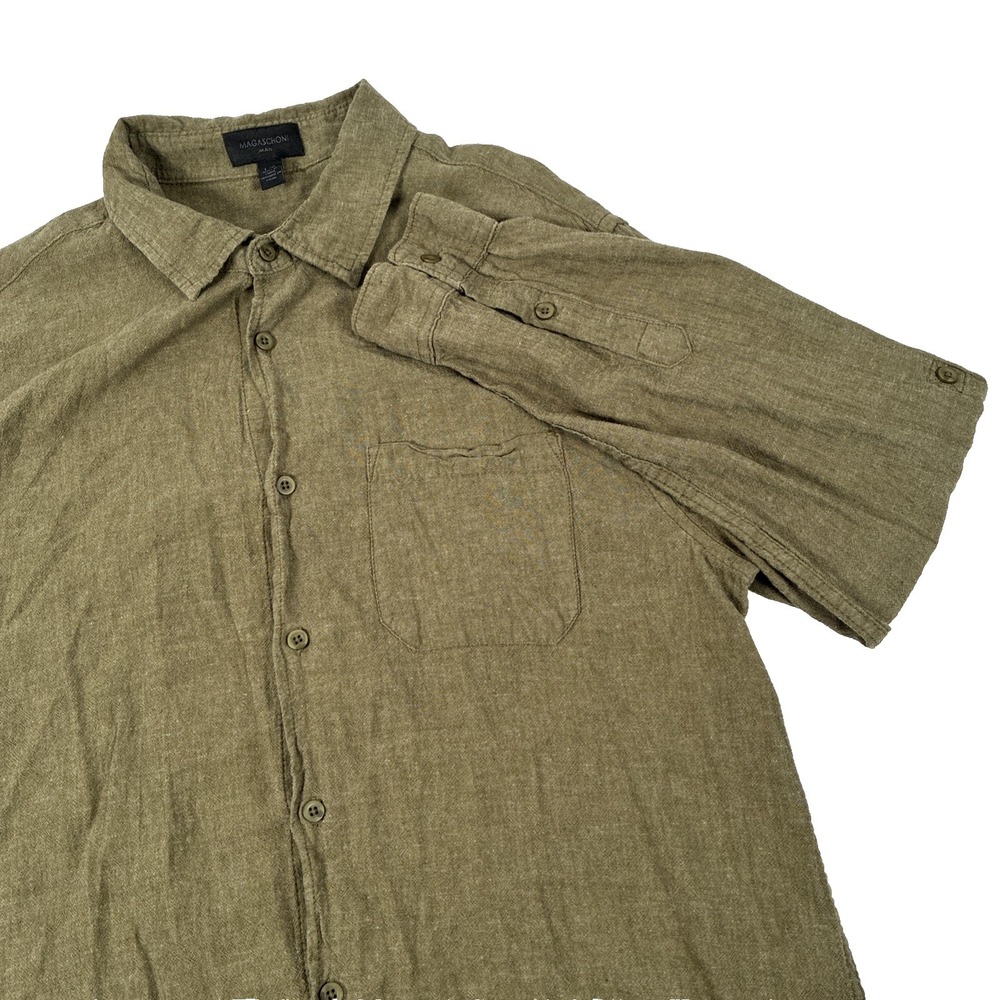 Mens Magaschoni Man Long Sleeve Button Up Linen Blend Shirt Size Large Olive